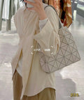 Light Beige Geometric Panel Shoulder Tote — hero