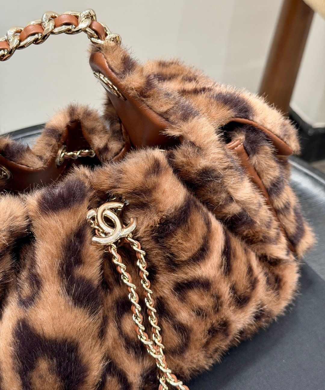 Chanel 25 Leopard-Pattern Plush Bucket Bag — detail