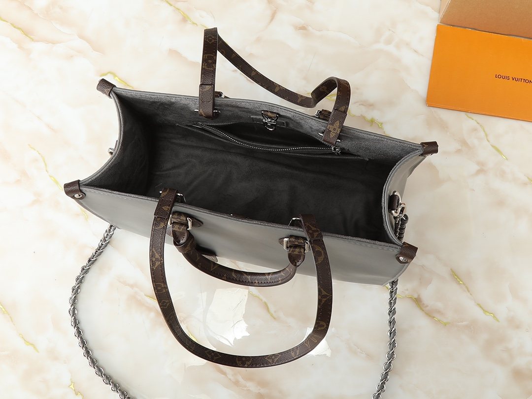 Louis Vuitton OnTheGo Gray Tote with Monogram Handles — detail