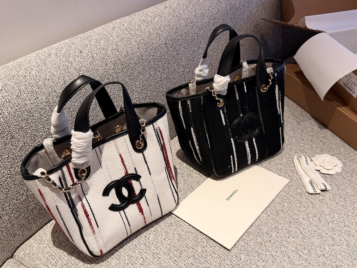 Chanel Striped Double-C Tote Bag — comparison