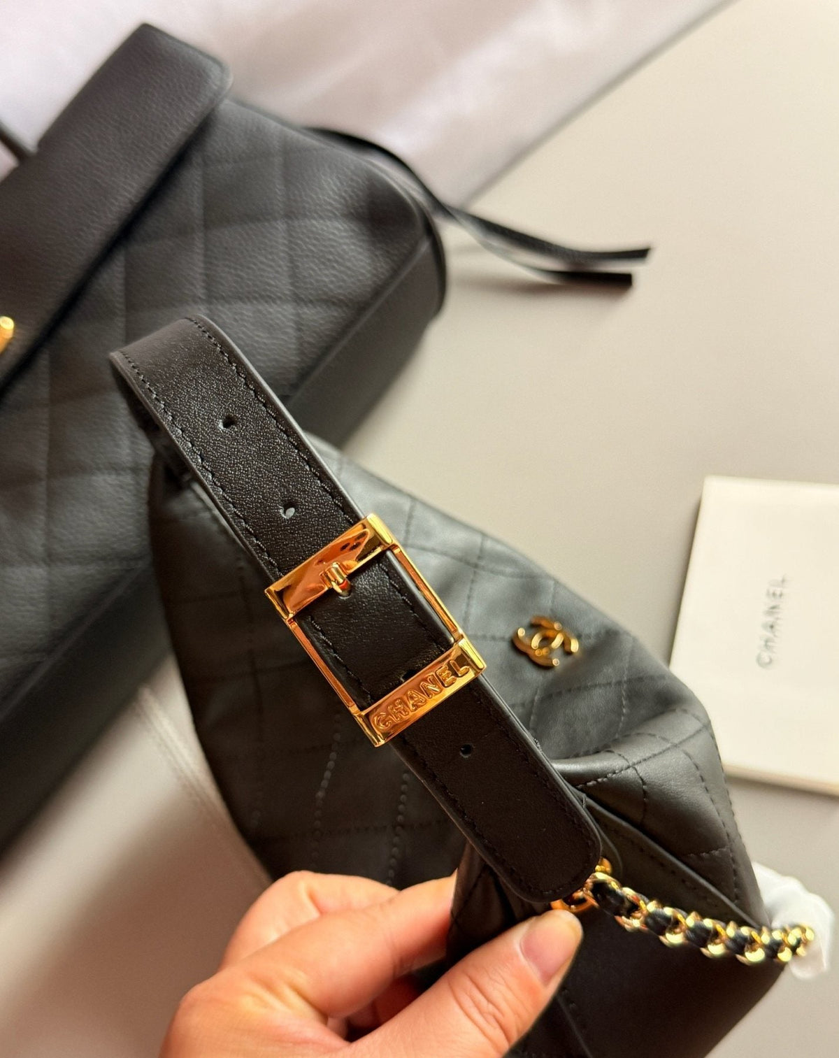 Chanel Quilted Crescent Chain Handbag — detail