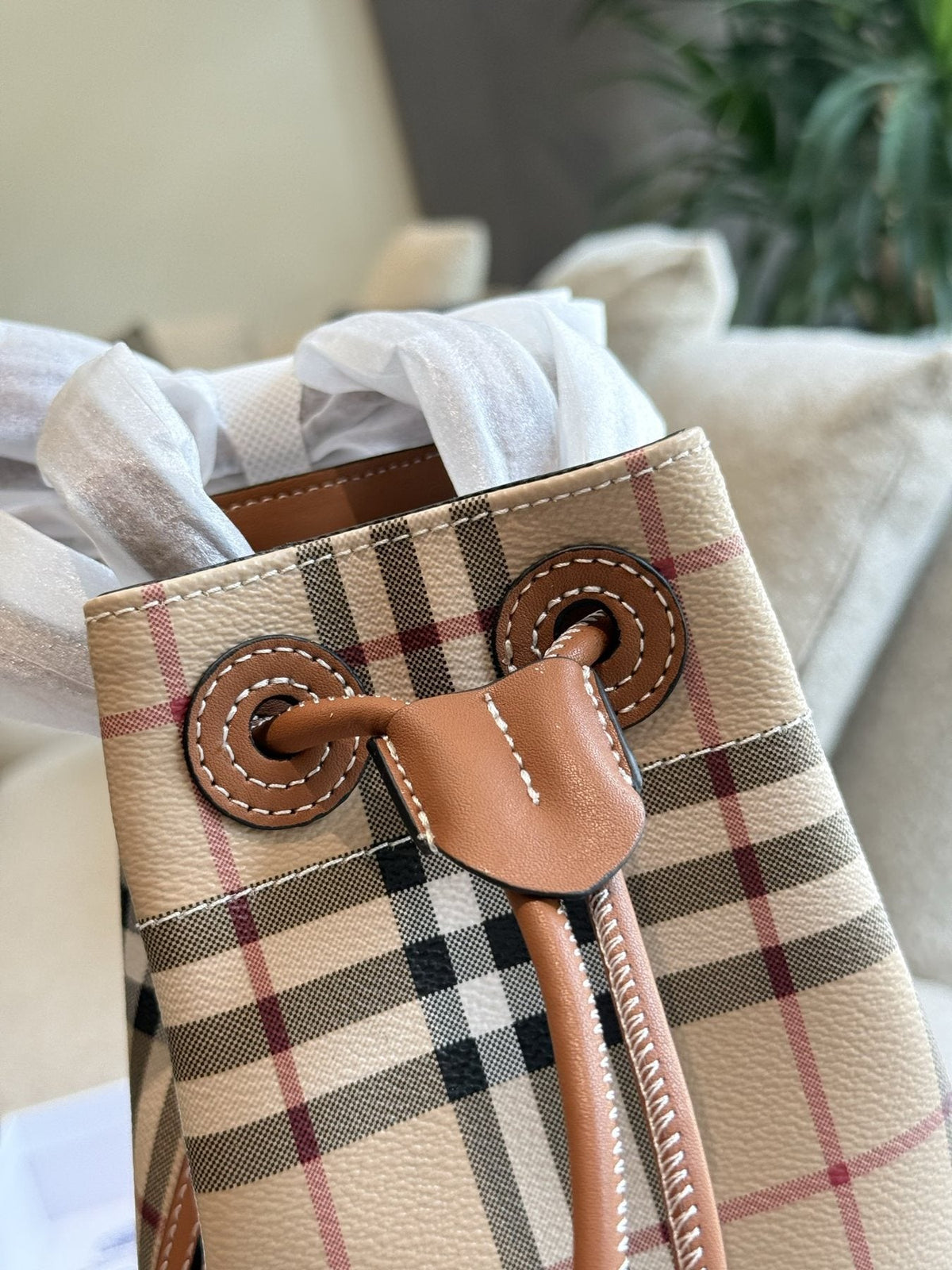 Beige Check Drawstring Bucket Bag with Tan Trim — detail