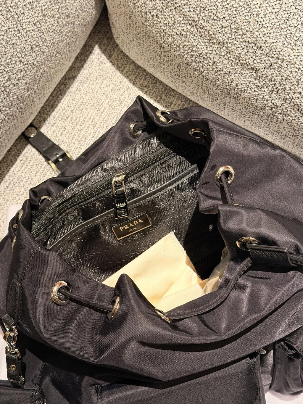 Prada Nylon Flap Backpack with Buckle Pockets — detail