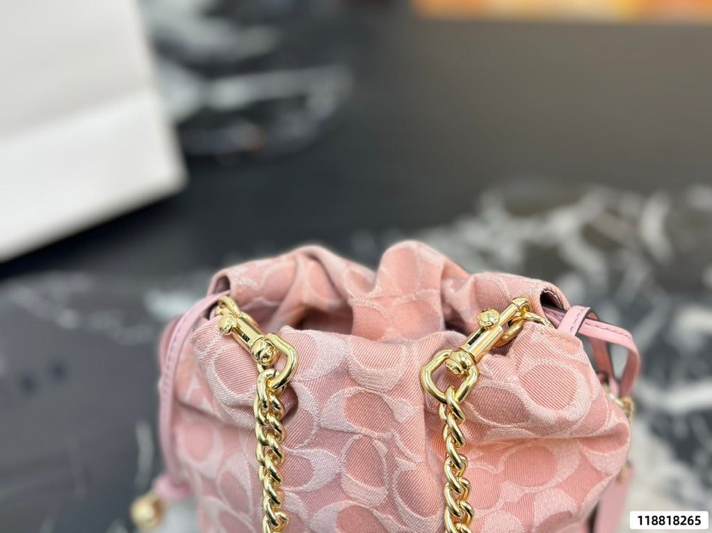 Coach Pink C-Pattern Drawstring Bucket Bag — detail