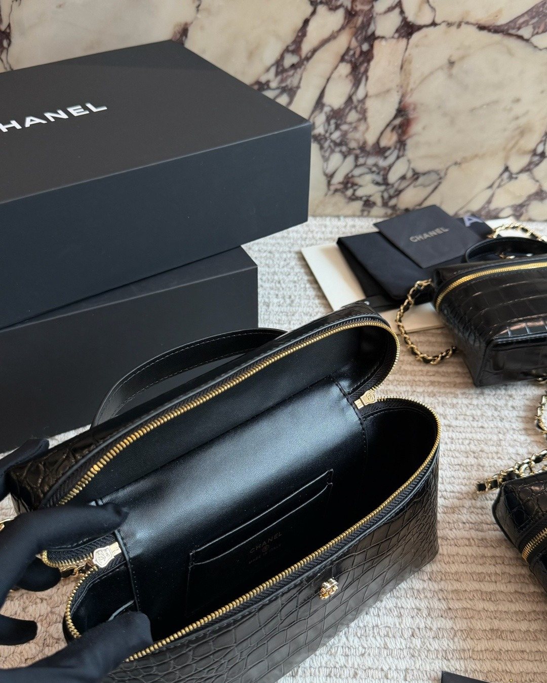 Chanel Crocodile-Pattern Zip Top-Handle Shoulder Bag — detail