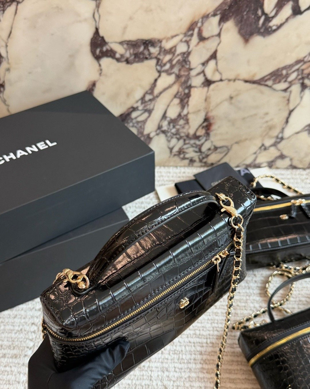 Chanel Crocodile-Pattern Zip Top-Handle Shoulder Bag — detail