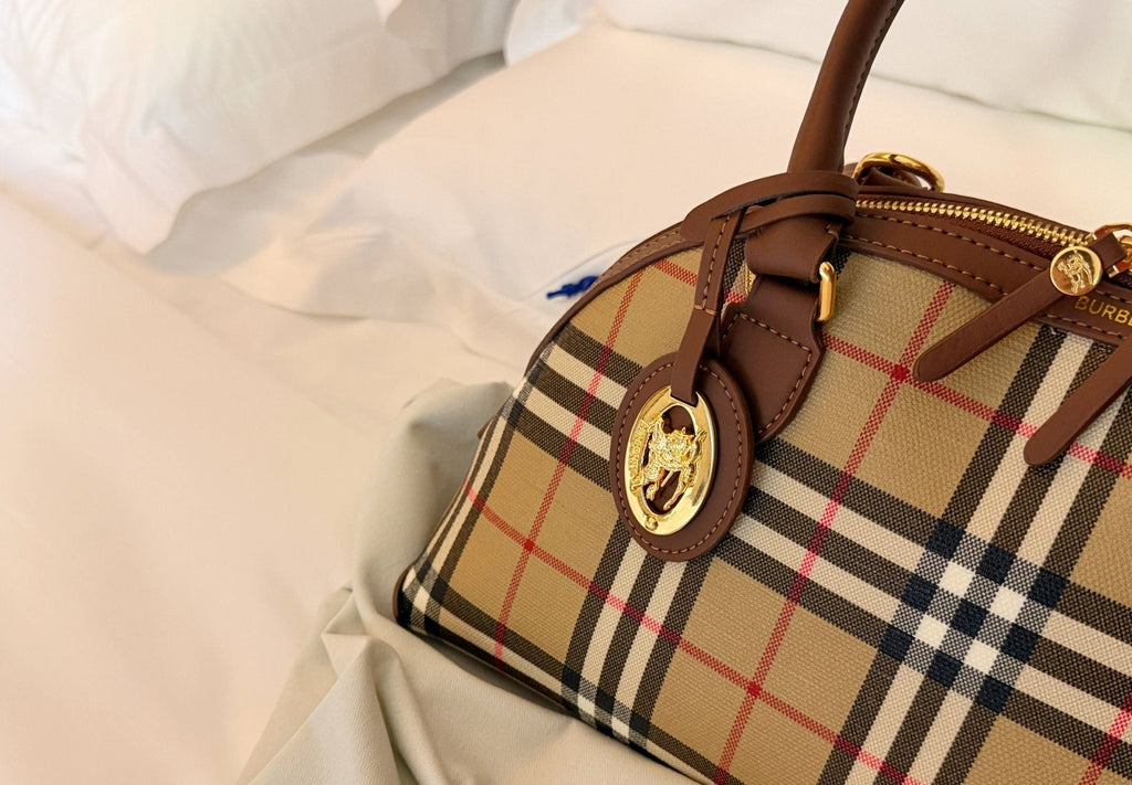 Beige Check Domed Top-Handle Bag with Brown Trim — detail